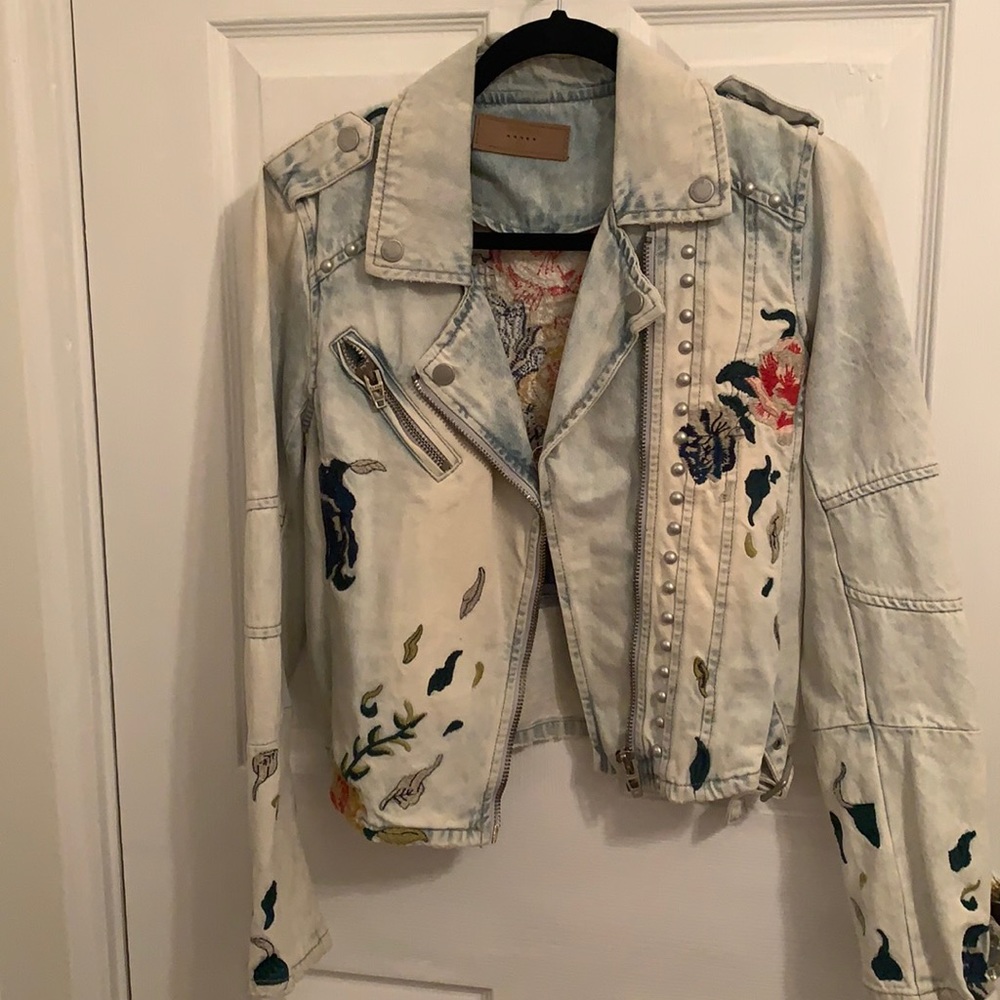 BLANKNYC Denim Embroidered Moto Jacket